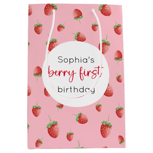 Bolsa De Regalo Mediana Fresa primer cumpleaños Berry primero (Anverso)