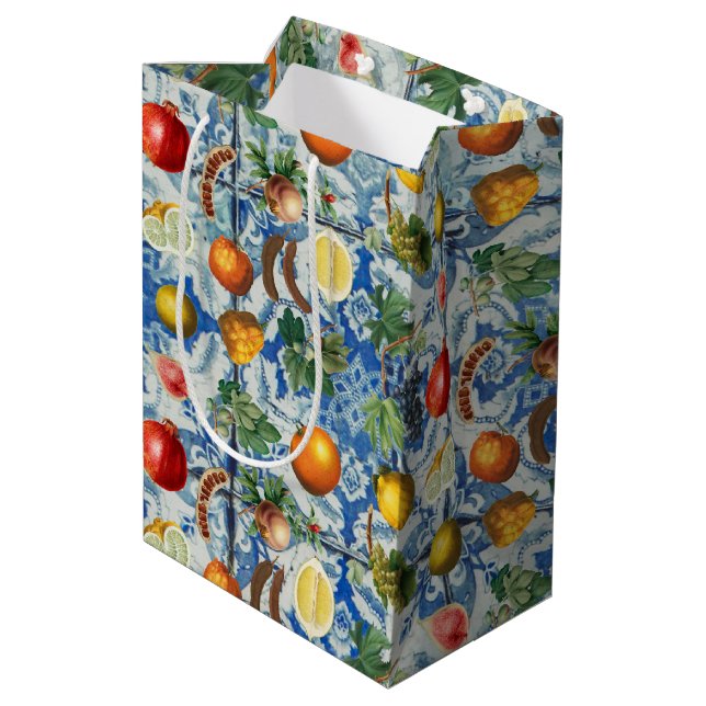Bolsa De Regalo Mediana Fruta mediterránea de verano y mosaico blanco azul (Angulo reverso)