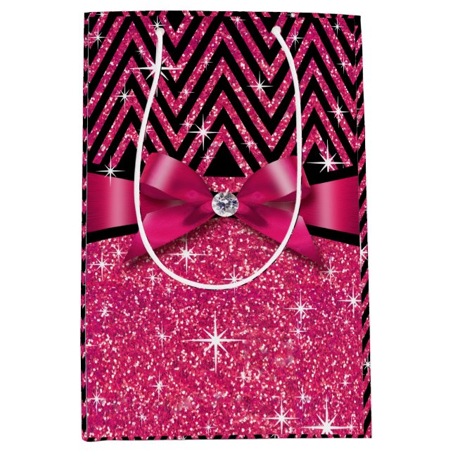 Bolsa De Regalo Mediana Fucsia del arco el | del diamante de Chevron Bling (Anverso)