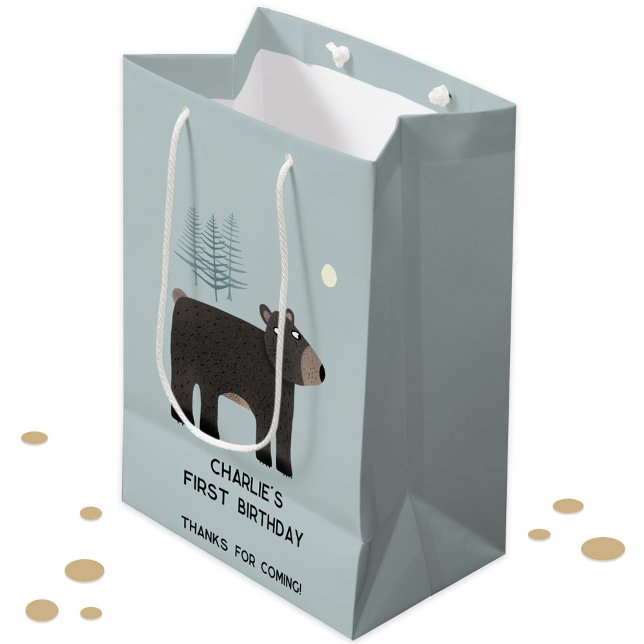 Bolsa De Regalo Mediana Fun Bear Edad Personalizada Cumpleaños (Cute bear woodland forest animal personalized kid child birthday age custom text gift bag)
