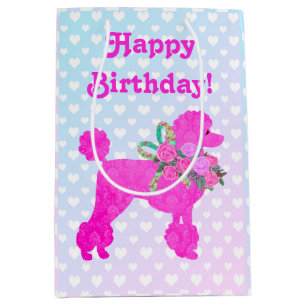Bolsa De Regalo Mediana Fun Pink Poodle Feliz Cumpleaños Fiesta