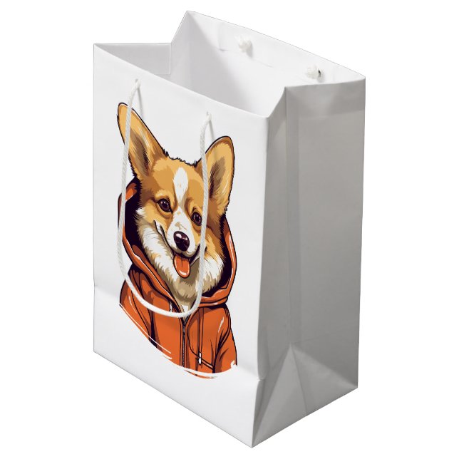 Bolsa De Regalo Mediana Funny Corgi Usando Hoodie (Angulo Anverso)