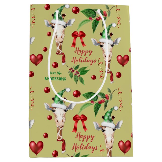 Bolsa De Regalo Mediana Funny Giraffe Santa Hat Holly Navidades (Anverso)