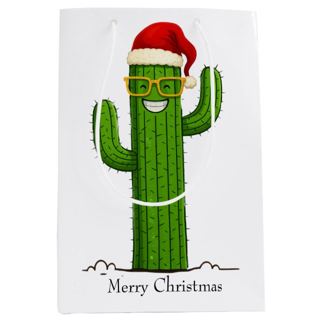 Bolsa De Regalo Mediana Funny Navidades Cactus con Santa Hat y Glasses (Anverso)