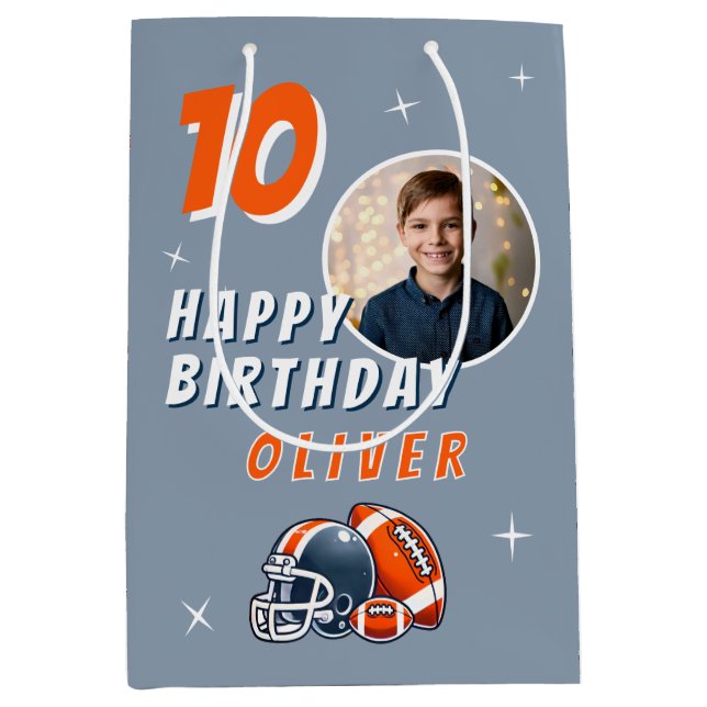 Bolsa De Regalo Mediana Fútbol Ball Casco Personalizado Foto Cumpleaños (Anverso)