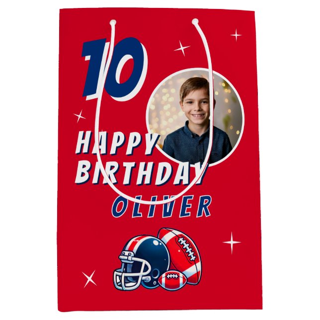 Bolsa De Regalo Mediana Fútbol Ball Casco Personalizado Foto Cumpleaños (Anverso)