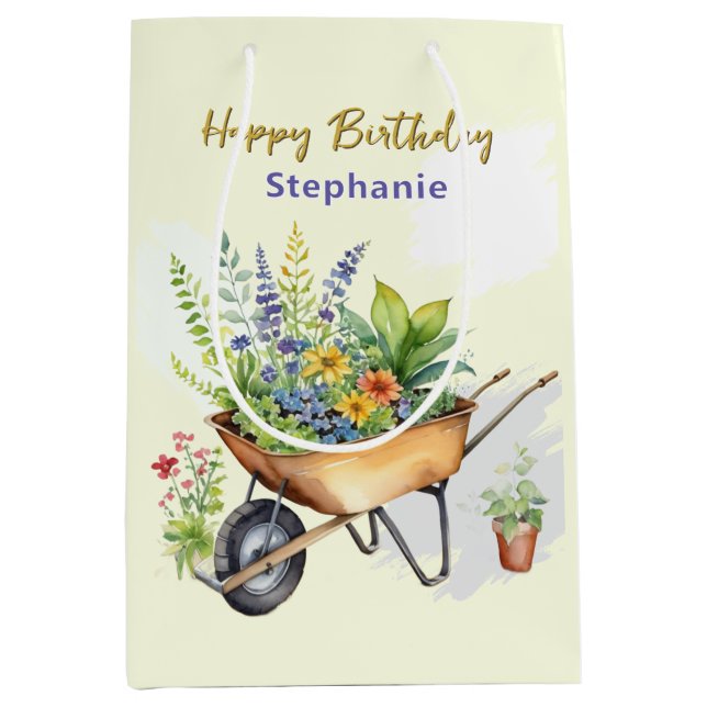 Bolsa De Regalo Mediana Garden Wheelbarrow Happy Birday Personalizado (Anverso)