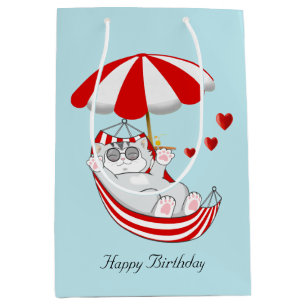Bolsa De Regalo Mediana Gatito de cumpleaños en hamaca roja y blanca