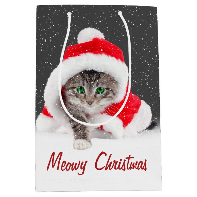 Bolsa De Regalo Mediana Gatito en Santa Hat y Snowflakes (Anverso)