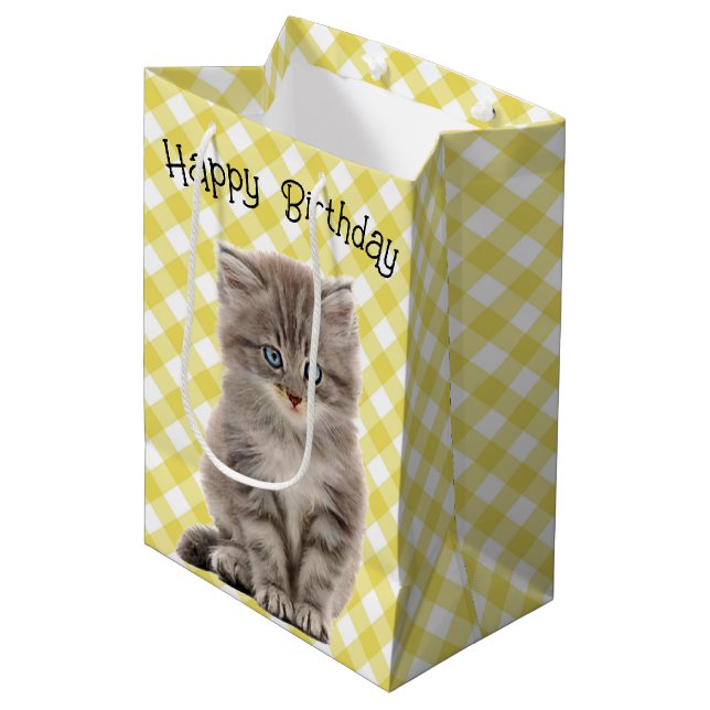 Bolsa De Regalo Mediana Gatito gris de cumpleaños sobre gingham (Angulo Anverso)