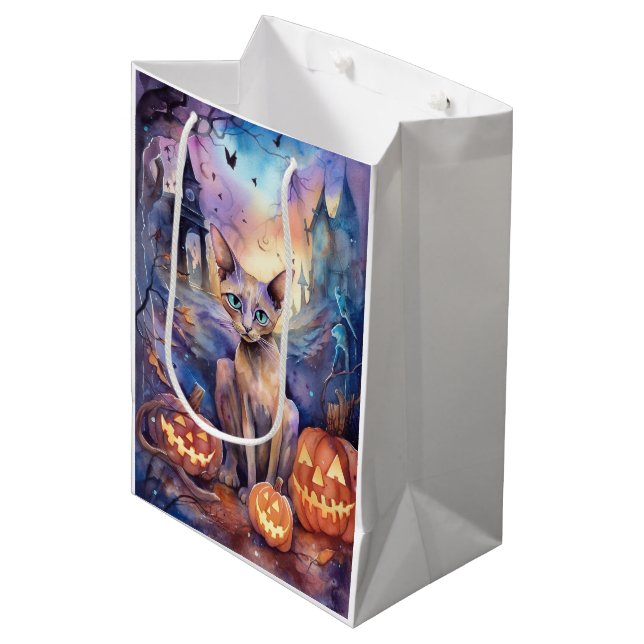Bolsa De Regalo Mediana Gato abisano de Halloween con calabazas (Angulo Anverso)