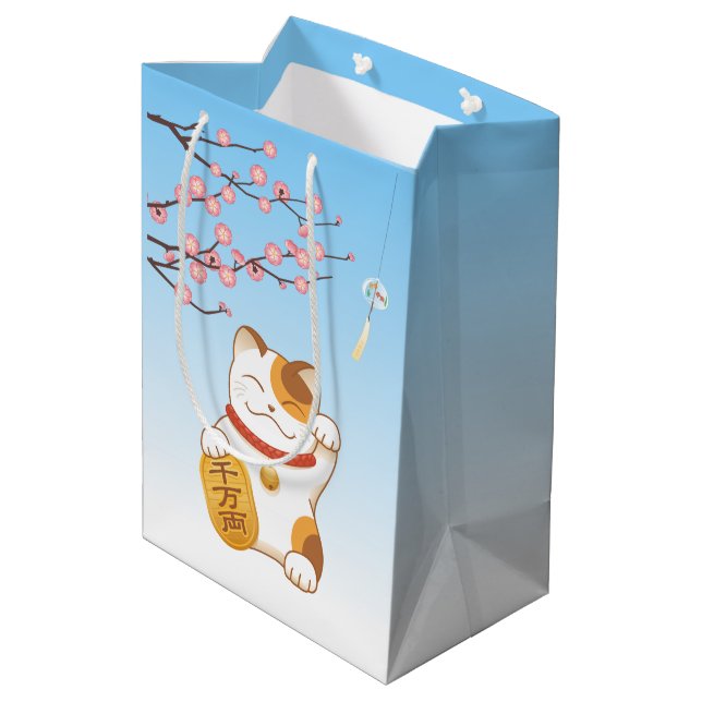 Bolsa De Regalo Mediana Gato afortunado japonés, Calico Maneki Neko (Angulo reverso)