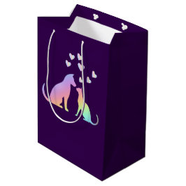 Bolsa De Regalo Mediana Gato Arcoíris Lindo y Silueta de Perro Amor Púrpur