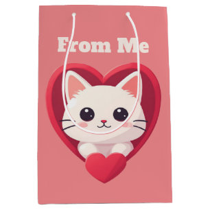 Bolsa De Regalo Mediana Gato Blanco Adorable con Corazón Diseño de Amor Ga