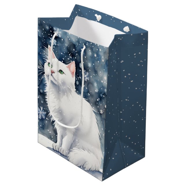 Bolsa De Regalo Mediana Gato Blanco navidad En Copos De Nieve (Angulo Anverso)