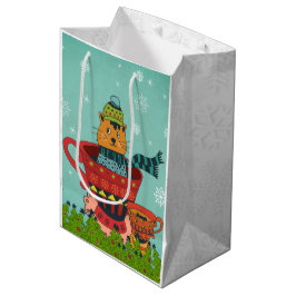 Bolsa De Regalo Mediana Gato caprichoso sentado en una taza de té Navidade