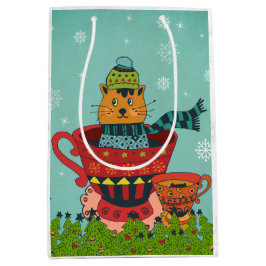 Bolsa De Regalo Mediana Gato caprichoso sentado en una taza de té Navidade