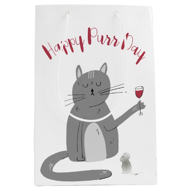 Bolsa De Regalo Mediana Gato con Vidrio Vino Cumpleaños (Anverso)