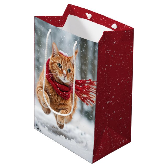 Bolsa De Regalo Mediana Gato De Ginger De Cumpleaños En Copos De Nieve (Angulo Anverso)