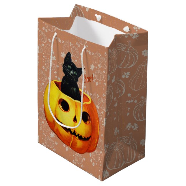 Bolsa De Regalo Mediana Gato de Halloween en calabaza (Angulo Anverso)
