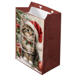 Bolsa De Regalo Mediana Gato de Navidad con Gorro de Santa