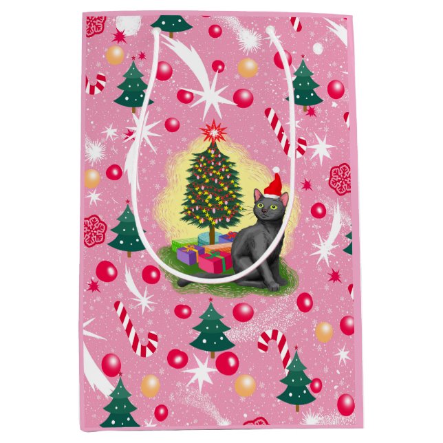 Bolsa De Regalo Mediana Gato de Navidades rosados (Anverso)
