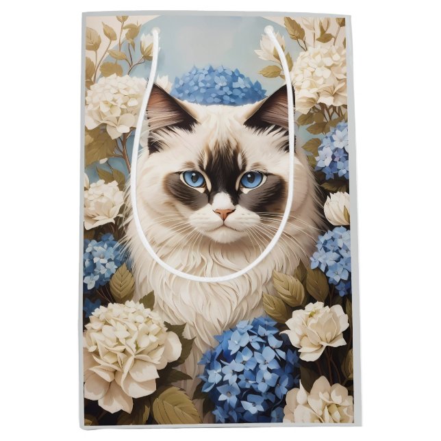 Bolsa De Regalo Mediana Gato De Ragdoll Con Flores De Hidrangea Azul (Anverso)