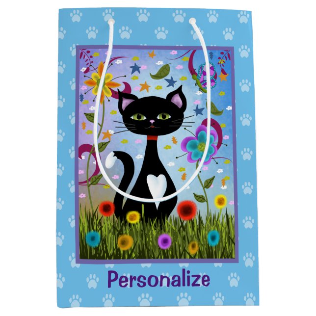 Bolsa De Regalo Mediana Gato De Tuxedo Blanco Y Negro En Un Jardín Persona (Anverso)