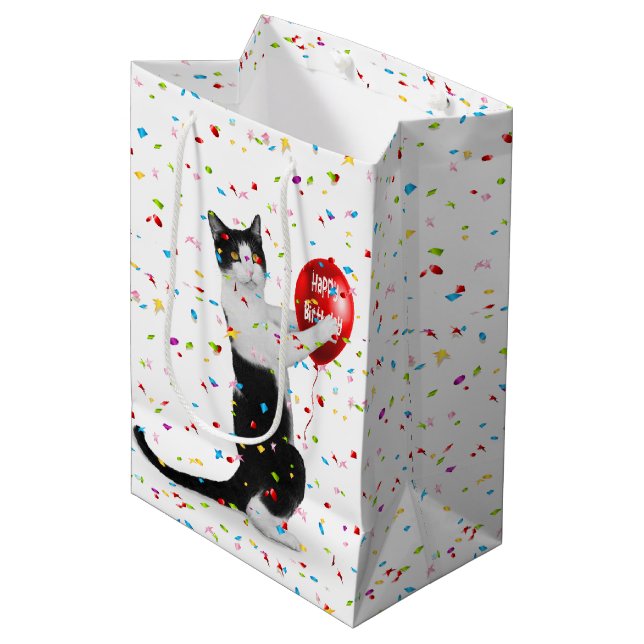 Bolsa De Regalo Mediana Gato de Tuxedo con globo de cumpleaños (Angulo Anverso)