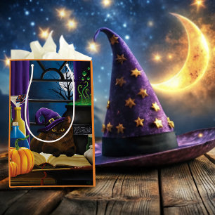 Bolsa De Regalo Mediana Gato marrón brujo magia púrpura luna llena prepara