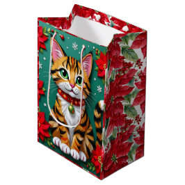 Bolsa De Regalo Mediana Gato naranja lindo y Navidad de la flor de Nochebu
