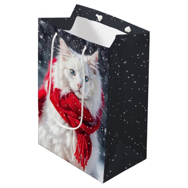 Bolsa De Regalo Mediana Gato navidad con bufanda y copos de nieve (Angulo Anverso)