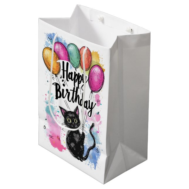 Bolsa De Regalo Mediana Gato negro con globos (Angulo Anverso)