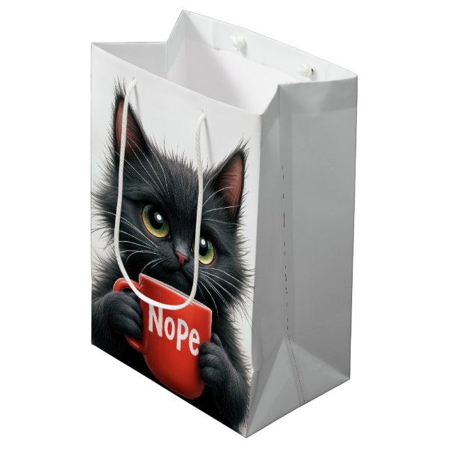 Bolsa De Regalo Mediana Gato negro de cumpleaños con taza roja (Angulo Anverso)