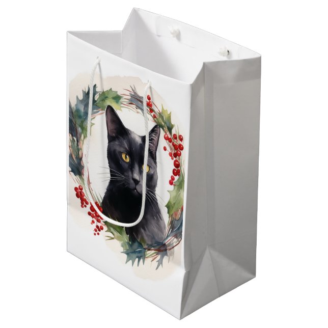 Bolsa De Regalo Mediana Gato negro Navidades de gatito comieron gatito fes (Angulo Anverso)