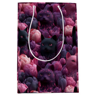 Bolsa De Regalo Mediana Gato negro surrealista y patrón floral de peonía r