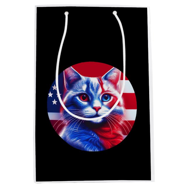 Bolsa De Regalo Mediana Gato Rojo Blanco y Azul con Fondo de Bandera Ameri (Anverso)