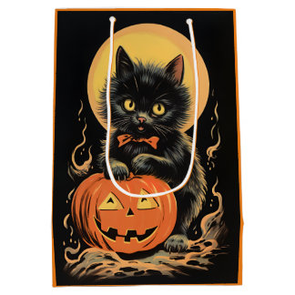Bolsa De Regalo Mediana Gato vintage de Halloween con calabaza