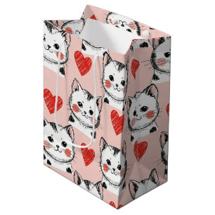 Bolsa De Regalo Mediana Gatos Kawaii Rosados Dulces y Patrón de Corazones