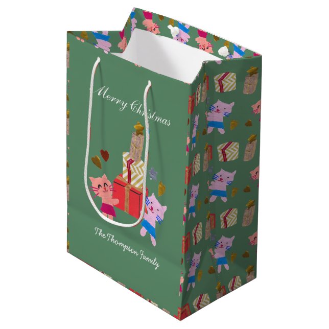 Bolsa De Regalo Mediana gatos lindos con Navidades verdes de musgo present (Angulo Anverso)