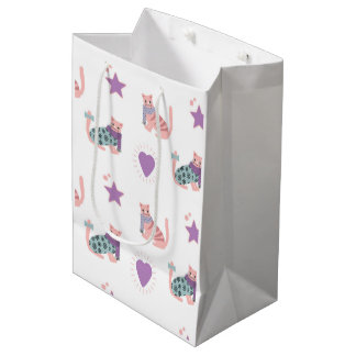 Bolsa De Regalo Mediana Gatos rosados con patrón de corazones y estrellas