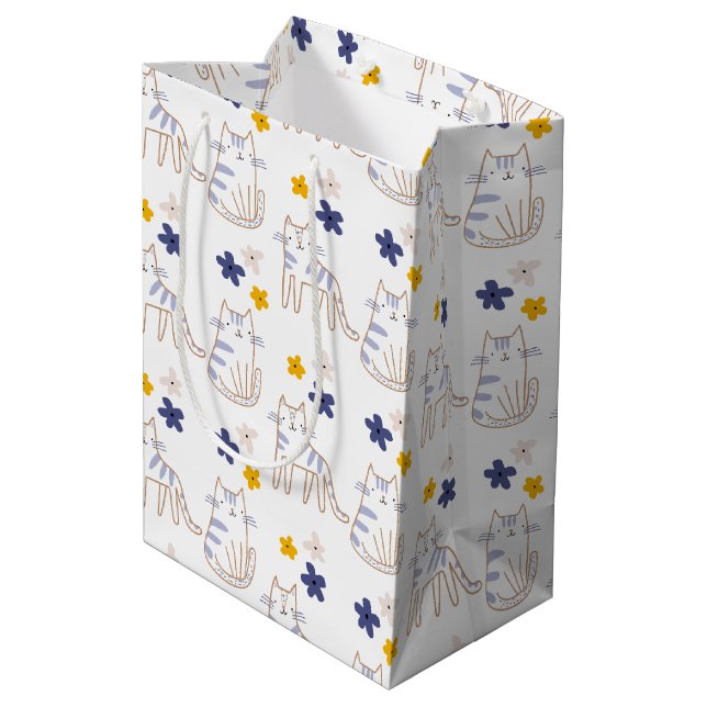 Bolsa De Regalo Mediana Gatos y flores en blanco (Angulo reverso)