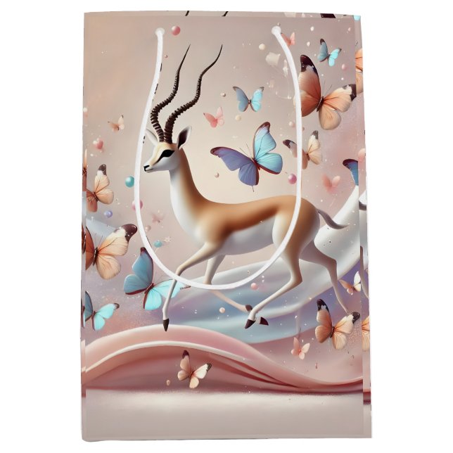 Bolsa De Regalo Mediana Gazelle and Butterflies Fantasy Art (Anverso)