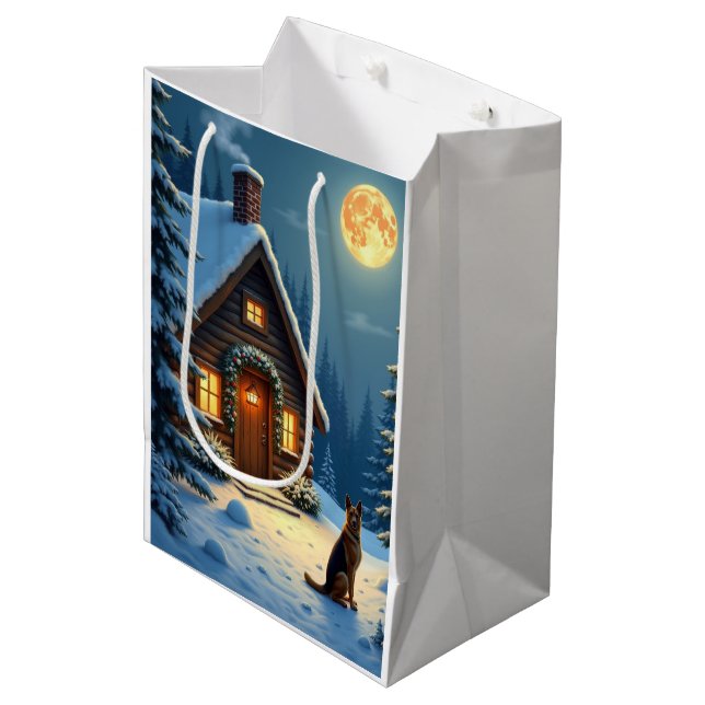 Bolsa De Regalo Mediana German Shepherd Snowy Forest Cabin Christmas Paint (Angulo Anverso)