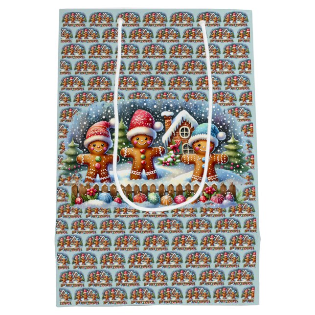 Bolsa De Regalo Mediana Gingerbread Family Snowy Christmas Scene (Reverso)