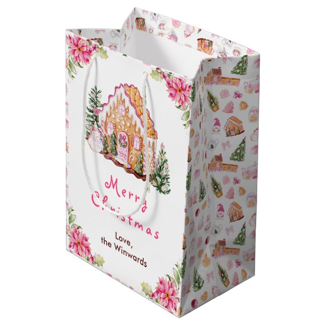 Bolsa De Regalo Mediana Gingerbread House Pink Merry Christmas (Angulo reverso)