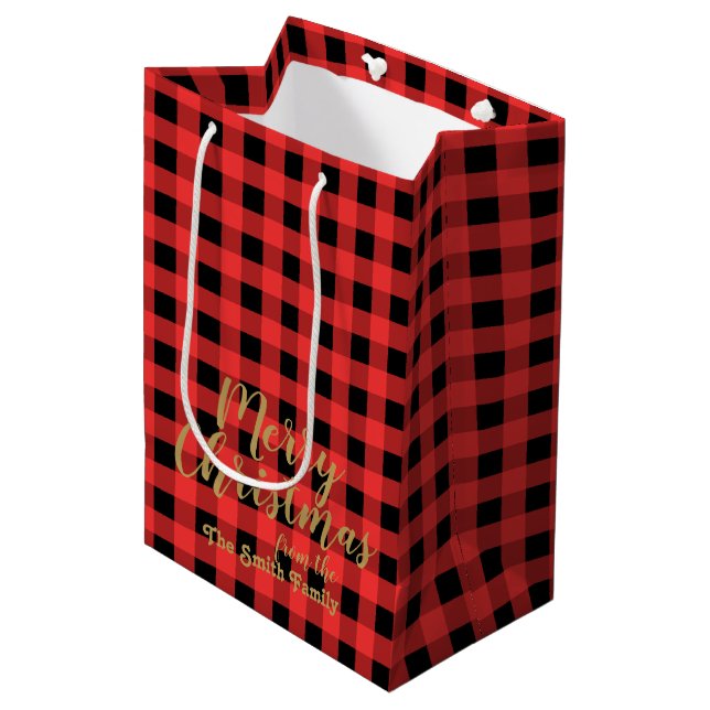 Bolsa De Regalo Mediana Gingham Roja y Negra Feliz Navidad (Angulo Anverso)