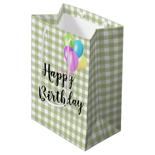 Bolsa De Regalo Mediana Gingham verde y blanco de cumpleaños (Angulo Anverso)