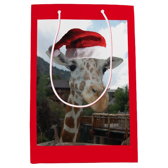 Bolsa De Regalo Mediana Giraffe vistiendo un Gorra de Santa Claus para Nav (Anverso)