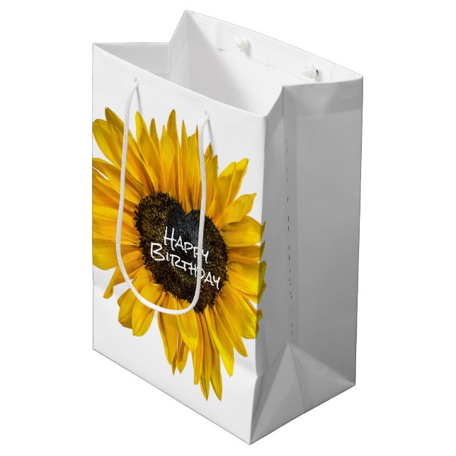 Bolsa De Regalo Mediana Girasol cardíaco en cumpleaños blanco (Angulo Anverso)